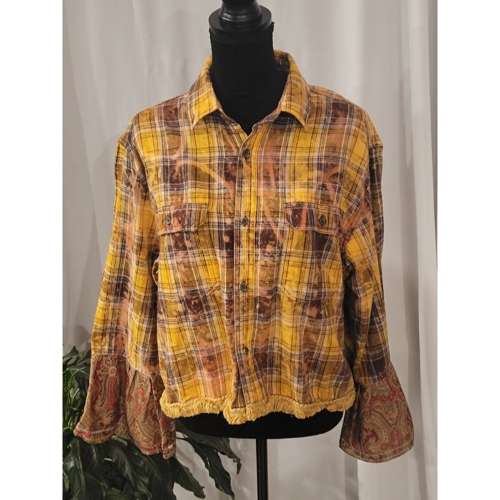Spenny Lane Upcycled Plaid Flannel Shirt Paisley Bell Sleeve Yellow Boho Cropped